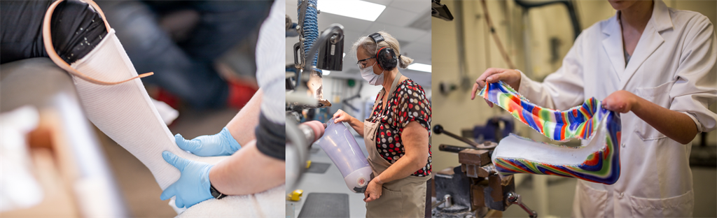 Three images of Orthotic and Prosthetic technicians are side-by-side. The first technician is fitting a prostetic leg on a patient, the second is shaping a prosthetic and the third is putting together a colourful leg cast.